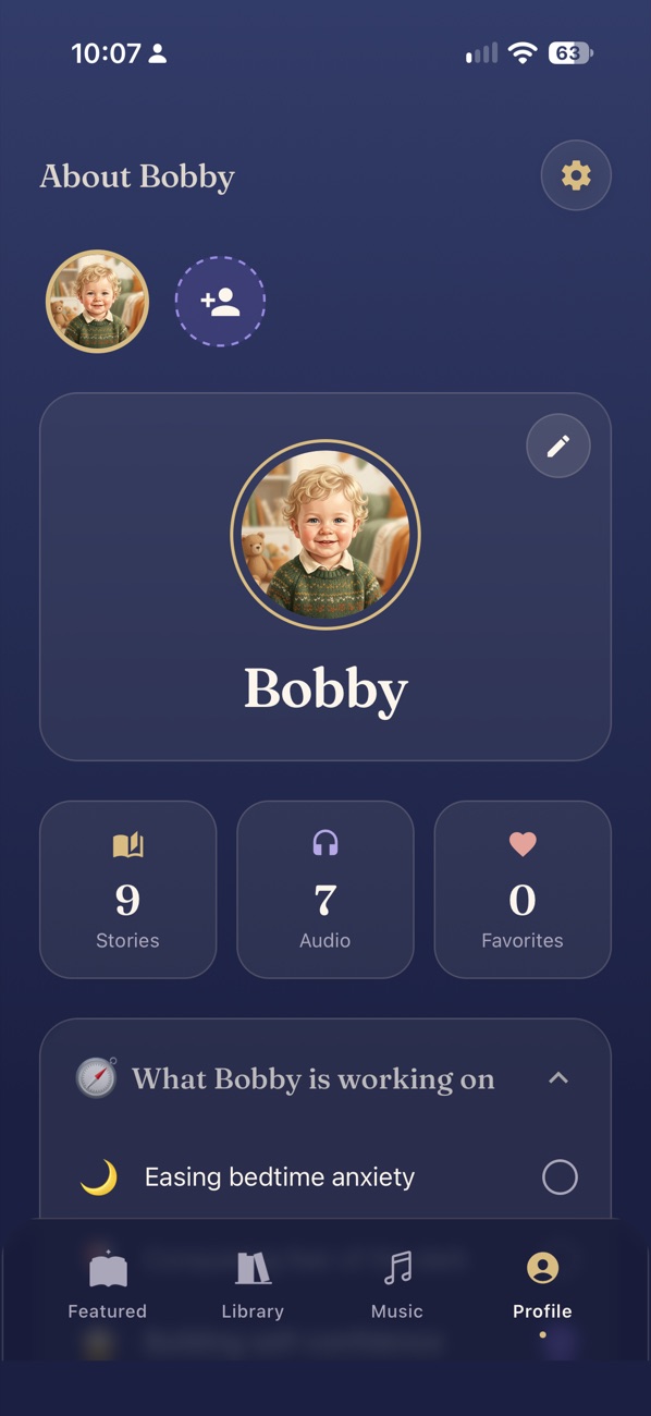 Child profile with stories, audio and favourites